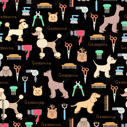 Vector seamless pattern with hand drawn colored dogs, grooming symbols on black color