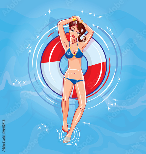 Cute girl dressing bikini floating on a lifebuoy in a swimming p
