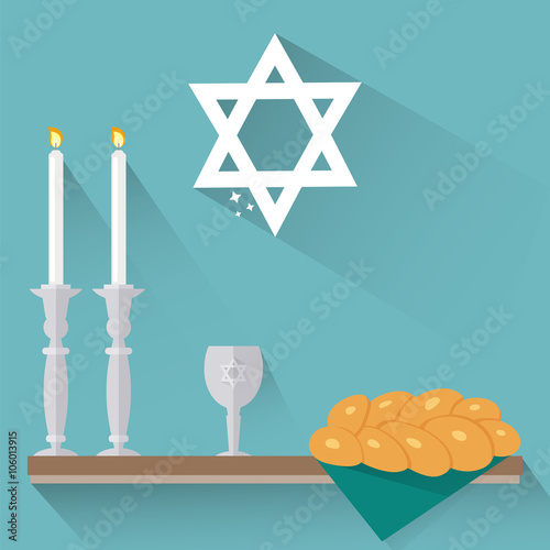 Shabbat candles, kiddush cup and challah in flat style.