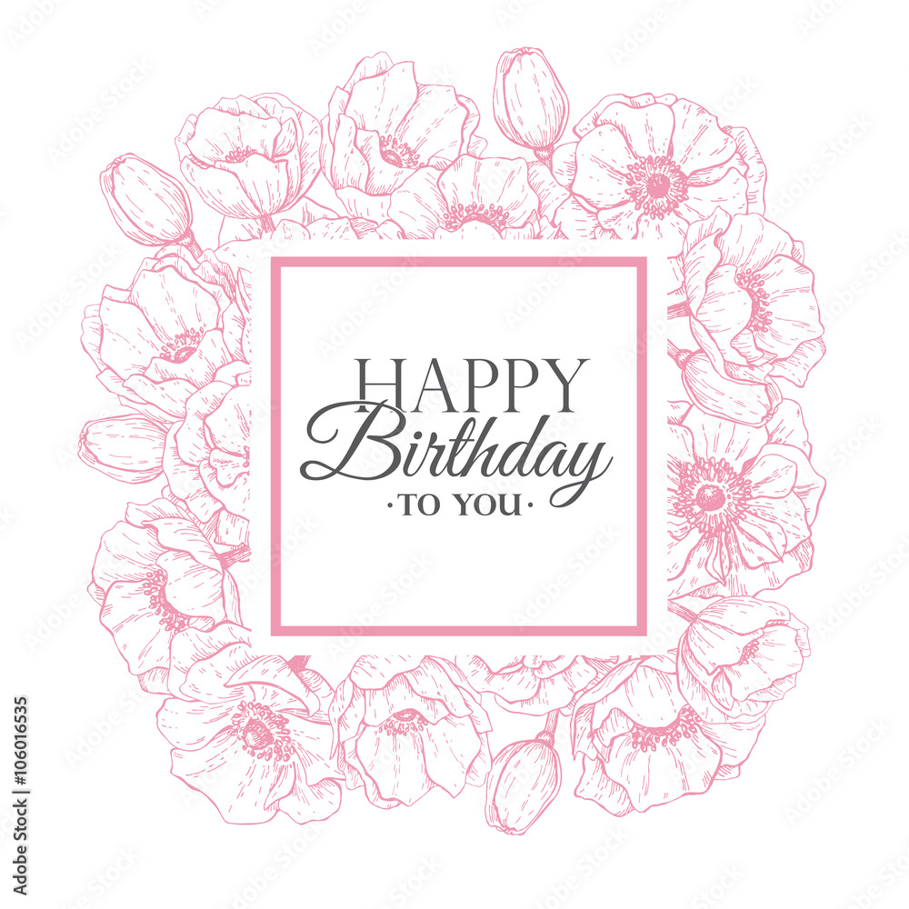 Vector Happy Birthday flower illustration. Hand drawn vintage an