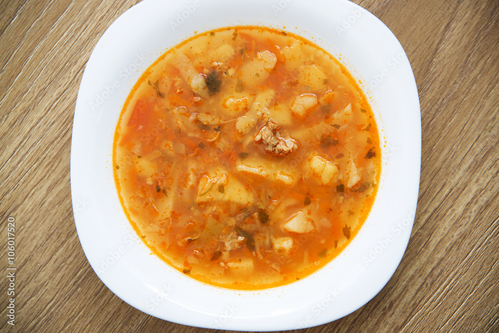Russian traditional soup - borscht with cabbage Russian traditional soup - borscht with cabbage