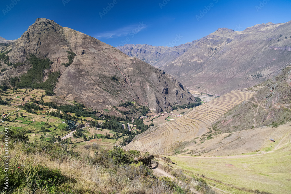 Inca agricultural terraces in Pisaq,  Peru