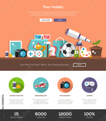 Hobbies website template with header and icons