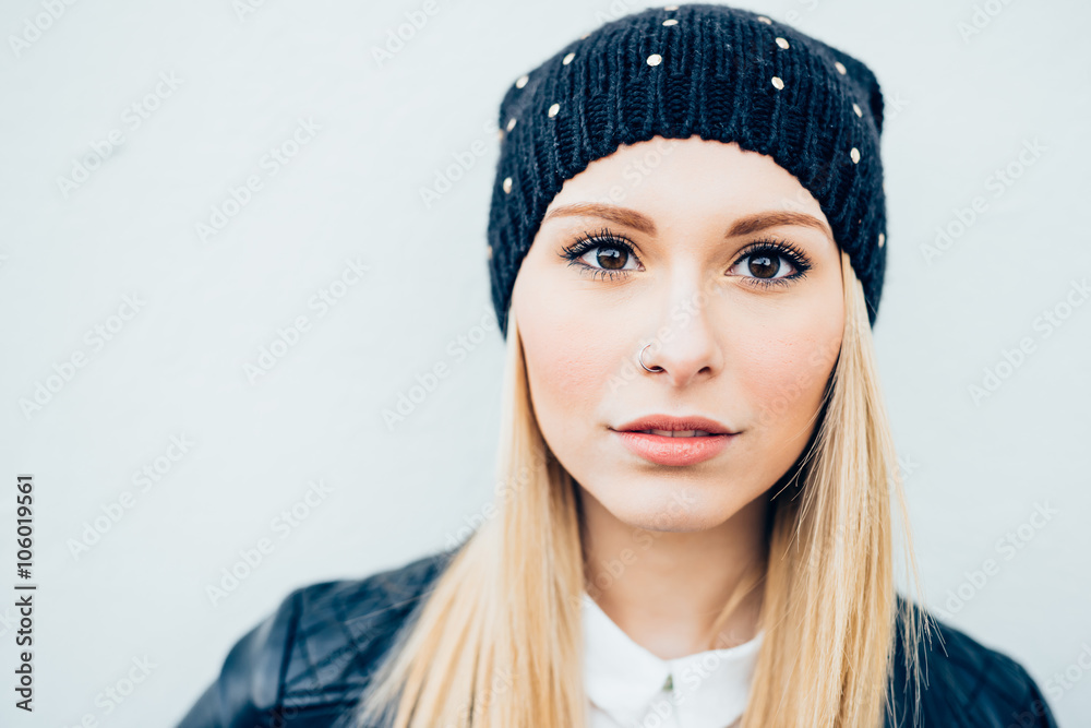 Portrait of young beautiful caucasian blonde hair woman with nos Portrait of young beautiful caucasian blonde hair woman with nos