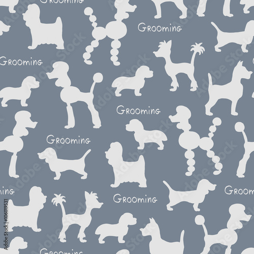 Vector seamless pattern with silhouettes of dogs on gray color