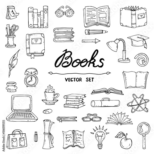 Vector set with hand drawn isolated doodles of books
