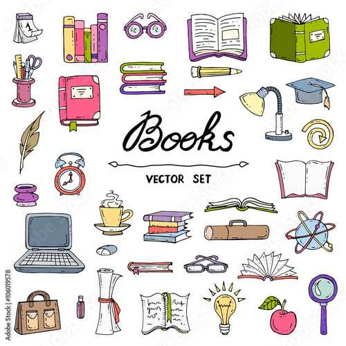 Vector set with hand drawn, isolated and colored doodles of book
