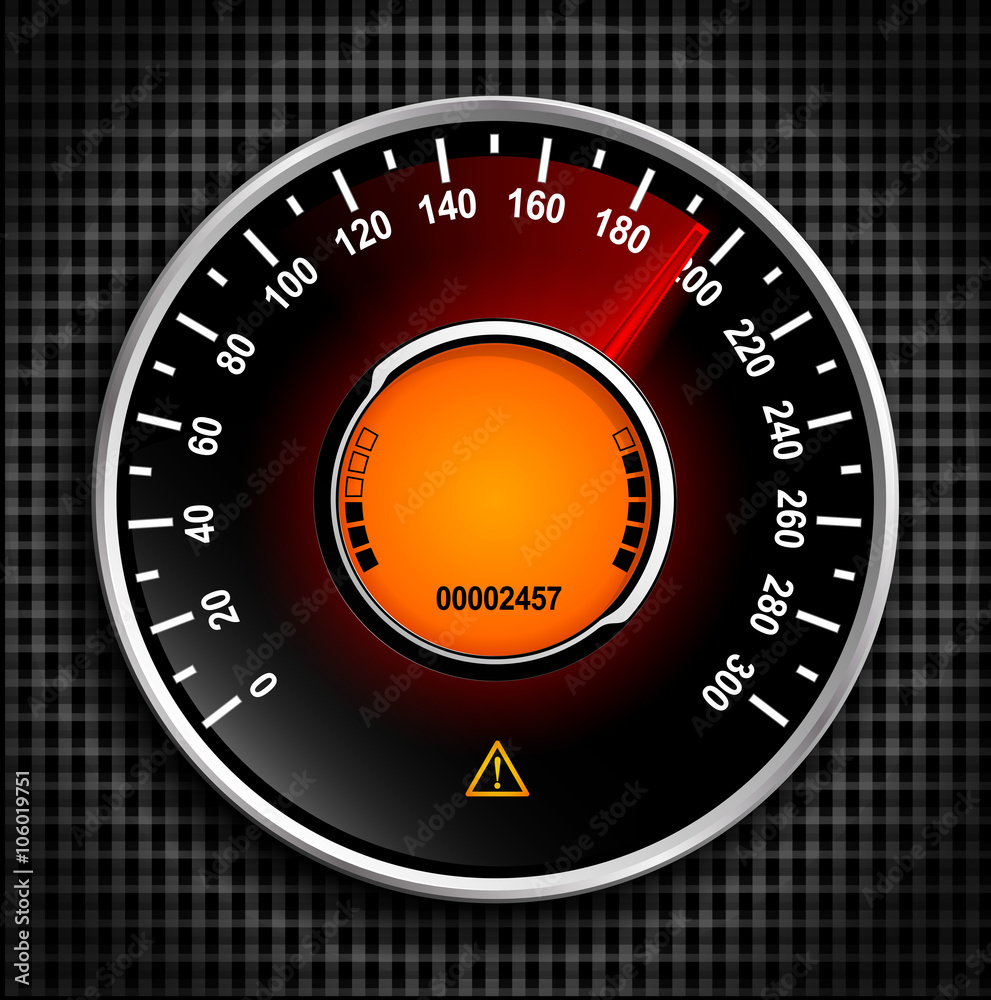 Automobile analog speedometer with a red arrow and orange LCD on carbon fiber background Automobile analog speedometer with a red arrow and orange LCD on carbon fiber background