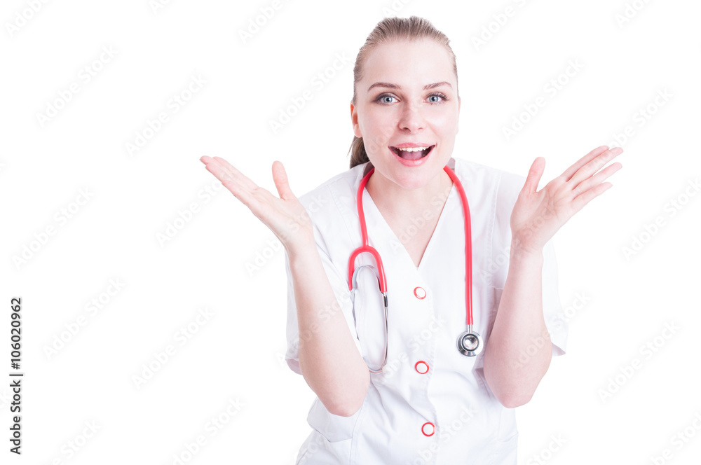 Beautiful smiling doctor acting cheerful and excited Beautiful smiling doctor acting cheerful and excited