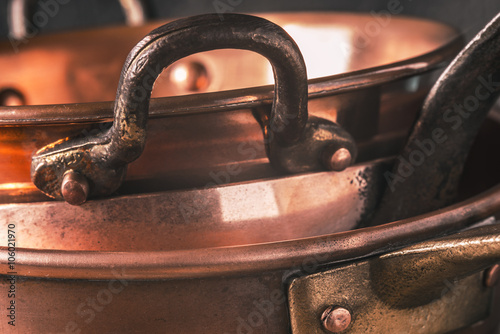 Copper pots and pans horizontal