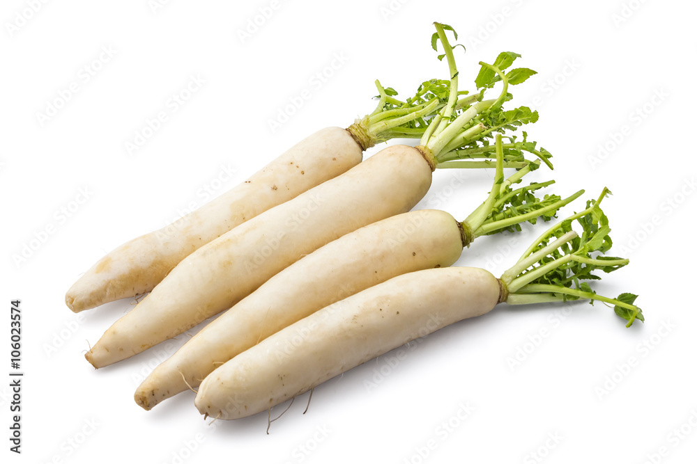 Fresh organic daikon radishes isolated on white background Fresh organic daikon radishes isolated on white background