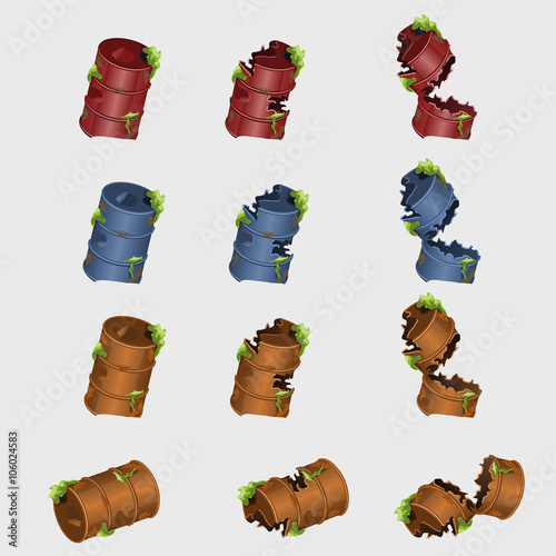 Rusty broken barrels in different colors, 12 icons