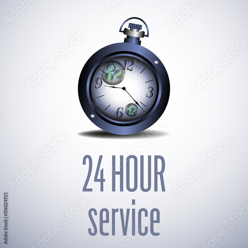 Abstract colorful background with old blue watch and the text twenty four hour service written with blue letters