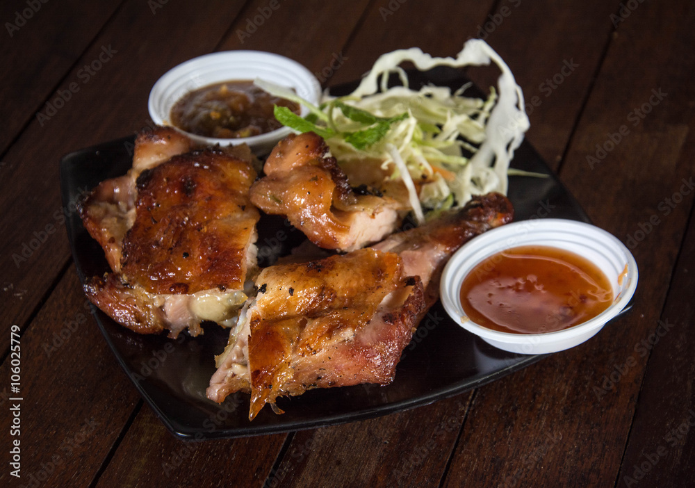 roasted chicken on wooden table, roasted chicken on wooden table,