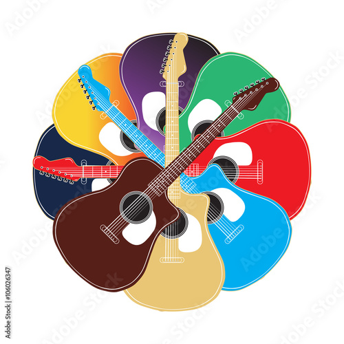 set of colored acoustic guitars are laid out in a spiral shape