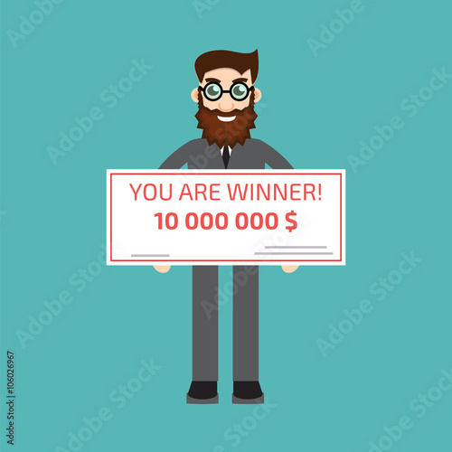 You are winner. Winner man holding check