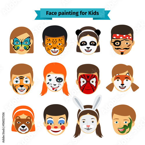 Face painting icons. Kids faces with animals and heroes painting. Vector illustration