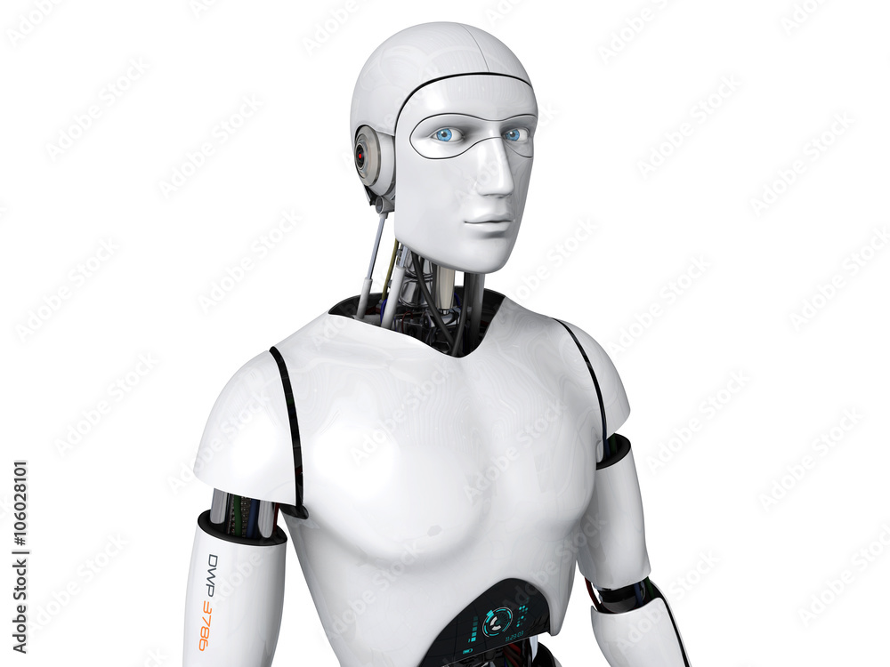Humanoid robot. Futuristic cyborg concept. High quality 3D rendering. Isolated on white background. Humanoid robot. Futuristic cyborg concept. High quality 3D rendering. Isolated on white background.