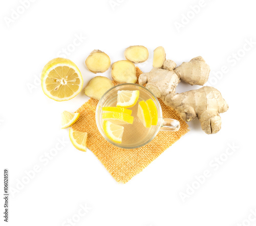 Hot ginger tea with lemon isolated