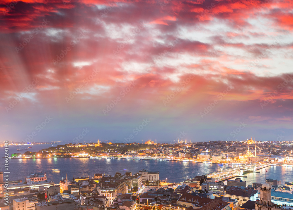 Istanbul night aerial view with city mosques
