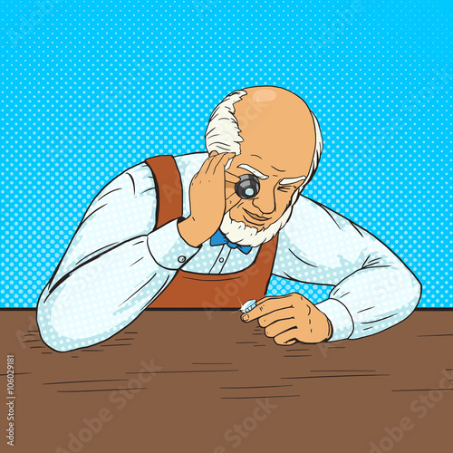Jeweller exploring gem pop art vector