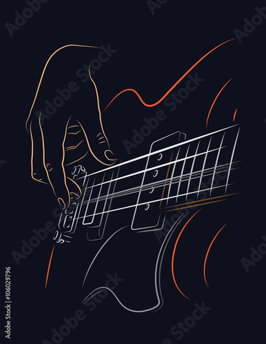 Playing Bass illustration. Picking bass strings with right hand fingers.