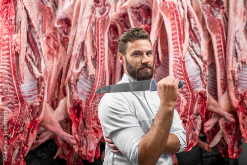 Portrait of a handsome butcher holding knife standing on the pork carcasses background at the meat manufacturing