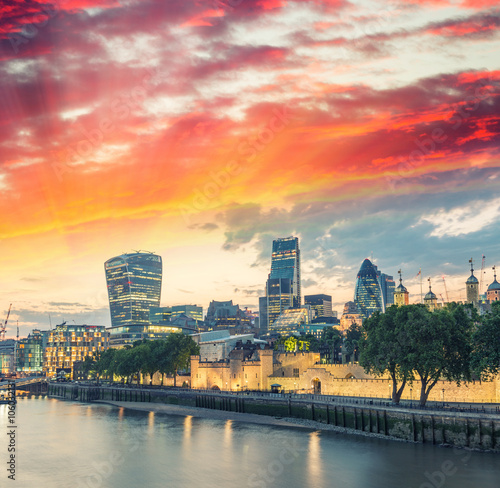 London skyline at sunset along Thames
