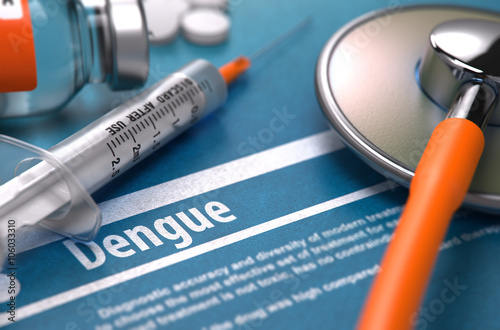Dengue - Printed Diagnosis on Blue Background and Medical Composition - Stethoscope, Pills and Syringe. Medical Concept. Blurred Image. 3D Render. photo