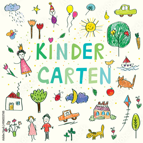 Kindergarten banner with funny kids drawing