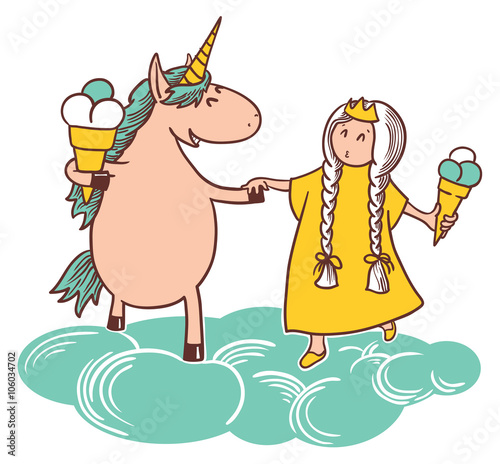 Vector illustration with fairy tail princess and unicorn with ice crem
