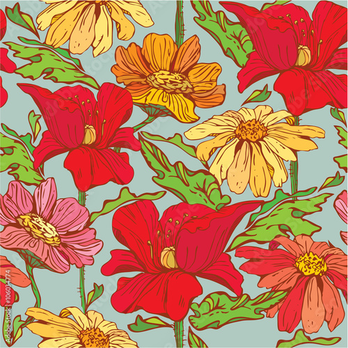 Floral Seamless Pattern with hand drawn flowers - poppy flowers