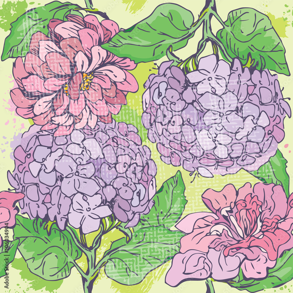 Floral Seamless Pattern with hand drawn flowers - gardenia and p