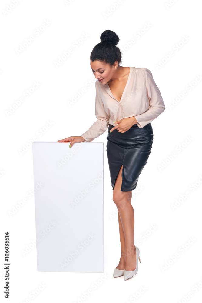 Smiling businesswoman with banner Smiling businesswoman with banner