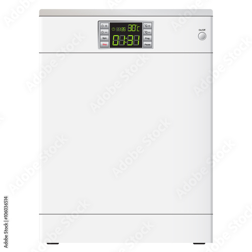 White Dishwasher with display. Front view. Realistically. Single