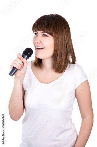 karaoke concept - portrait of young beautiful woman singing with