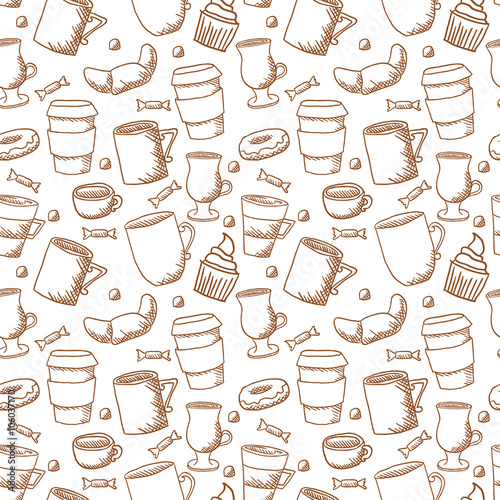 Vector seamless sketchy doodle style coffee cups and mugs backgr