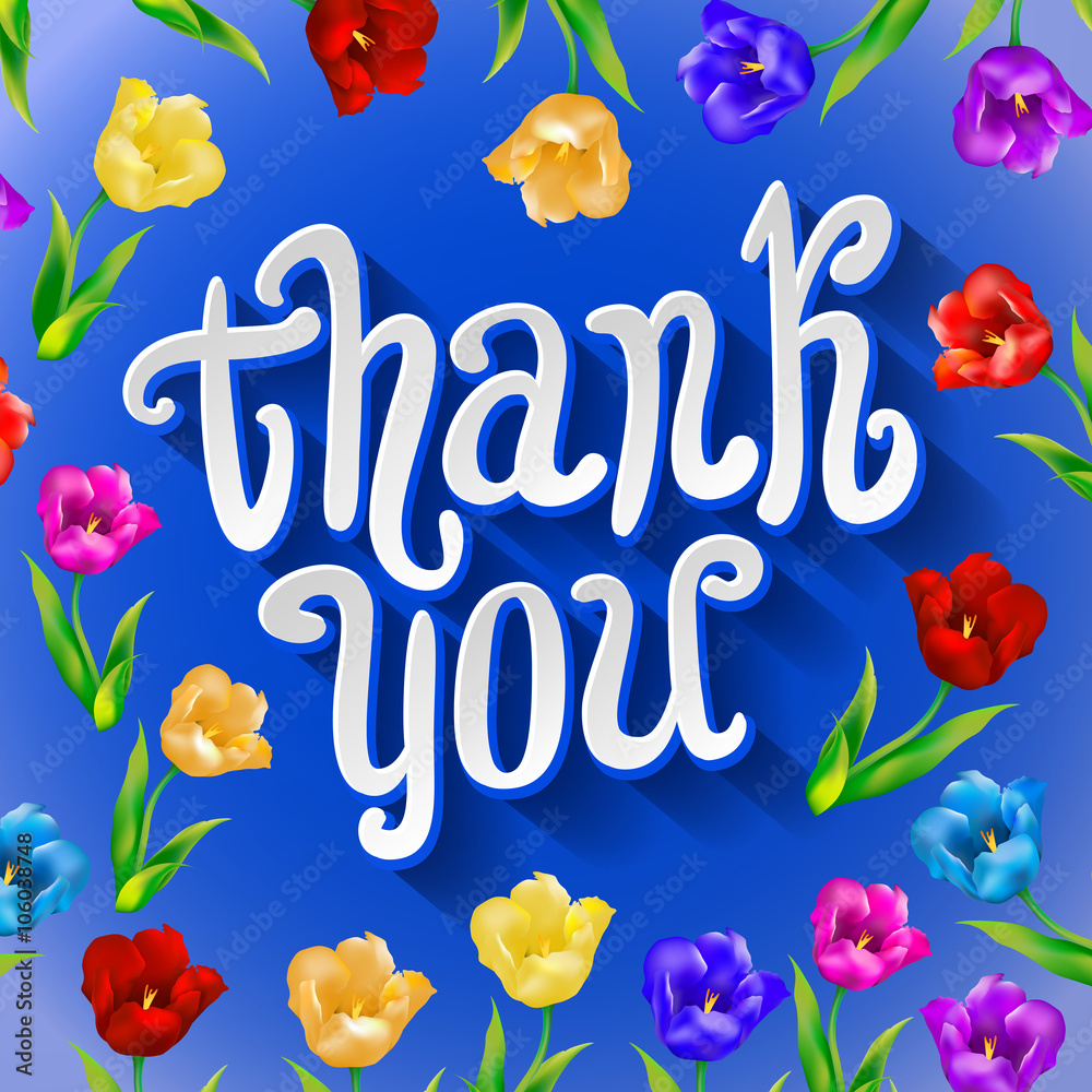 Fototapeta Vintage Blue Greeting Card with Blooming Flowers on Watercolor Background. Thank You, Love You with place for your text