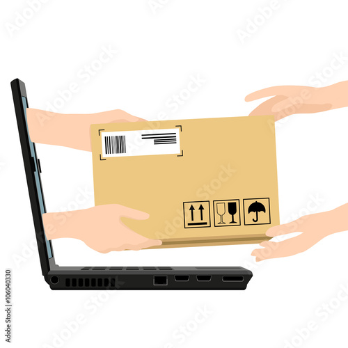 Concept for delivery service, online shopping, receiving package. Vector illustration. Hands of courier with parcel appeared from laptop and customers hands.