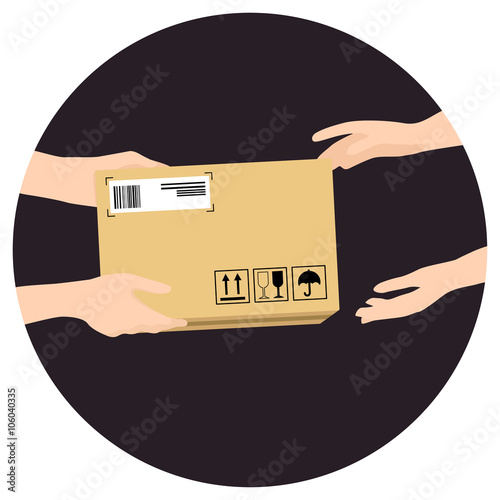 Concept for delivery service, online shopping, receiving package. Vector illustration. Hands of courier with parcel and customers hands.