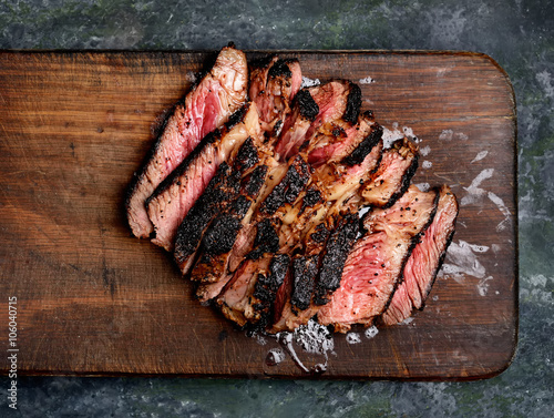 Sliced medium rare grilled Beef steak on wooden cutting board