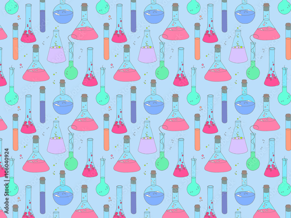 Colorful vector background with chemical glassware in hand drawn style. Colorful  background with magic potions.