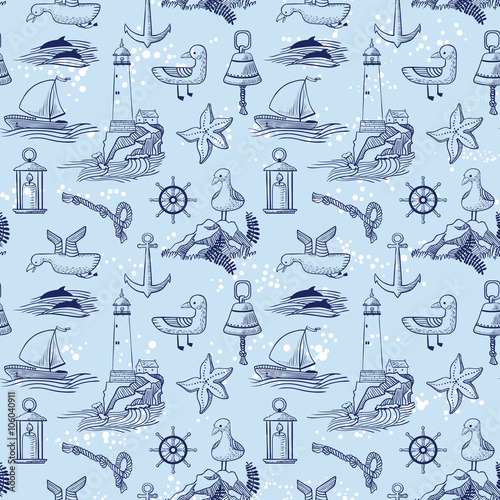 marine vector seamless background with lighthouse and seagulls