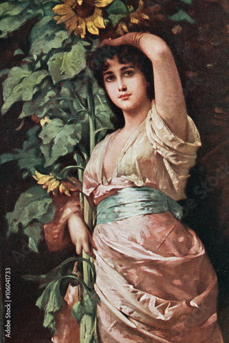 Nostalgisches Grußkarte um 1900, hübsche, junge Frau mit Sonnenblume