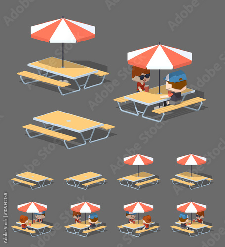 Cafe table with sun umbrella. 3D lowpoly isometric vector illustration. The set of objects isolated against the grey background and shown from different sides