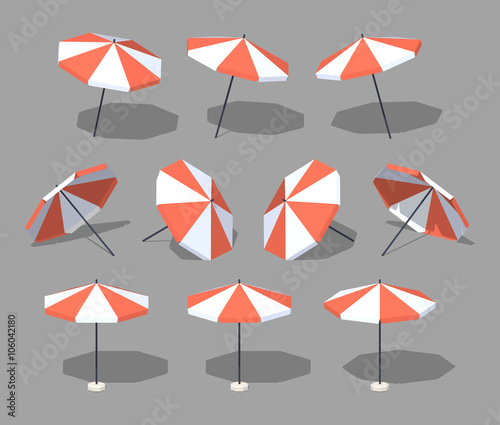 Sun umbrella. 3D lowpoly isometric vector illustration. The set of objects isolated against the grey background and shown from different sides