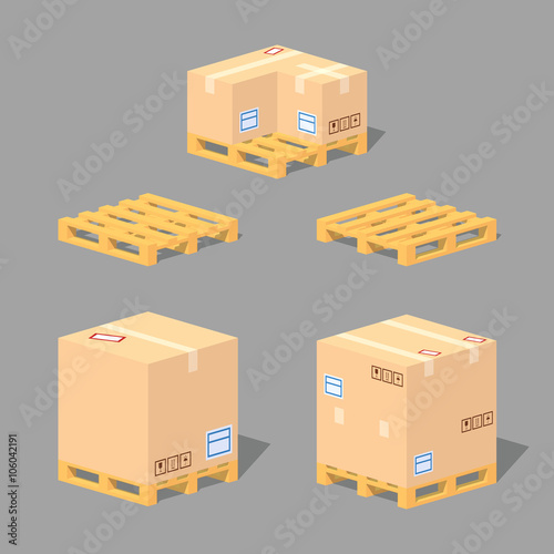 Cardboard boxes on the pallets. 3D lowpoly isometric vector illustration. The set of objects isolated against the grey background and shown from different sides