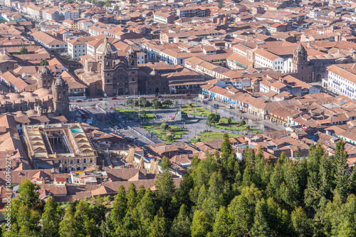 Aerial View of Plaza de Armas, Cusco, and Andes Mountains in Peru by day