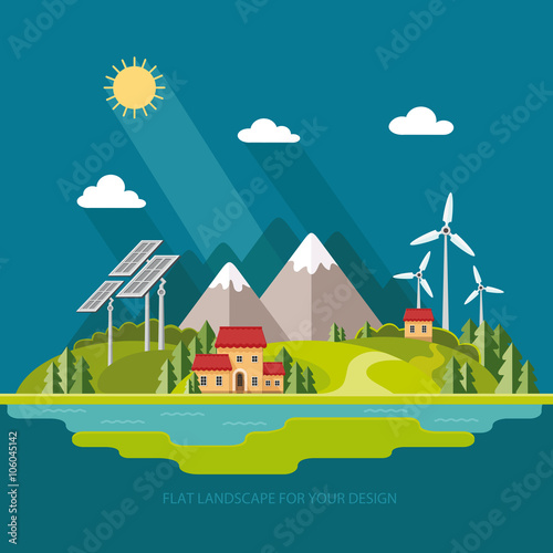 Environmental landscape cottages mountains in the background. So