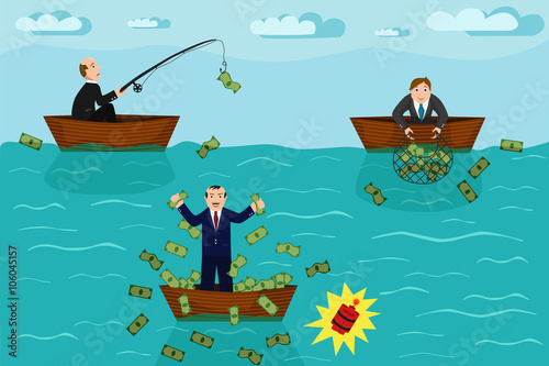 Businessmen on boats catching money on fishing. Competition concept  infographics